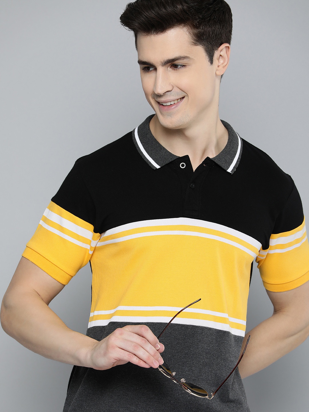 

HERE&NOW Colourblocked Polo Collar Pure Cotton T-shirt, Black