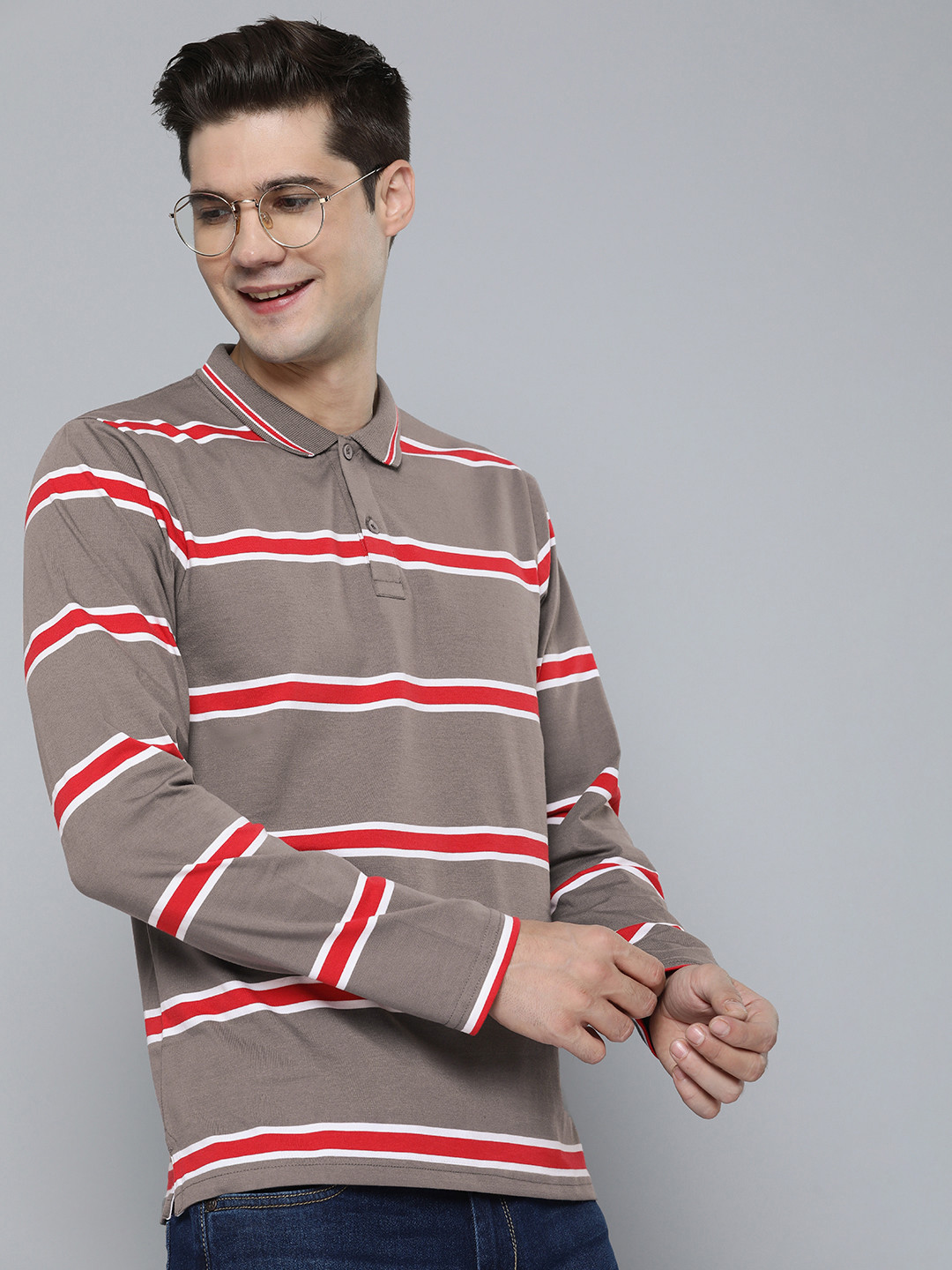 

HERE&NOW Men Round Neck Striped Polo Collar T-shirt, Grey