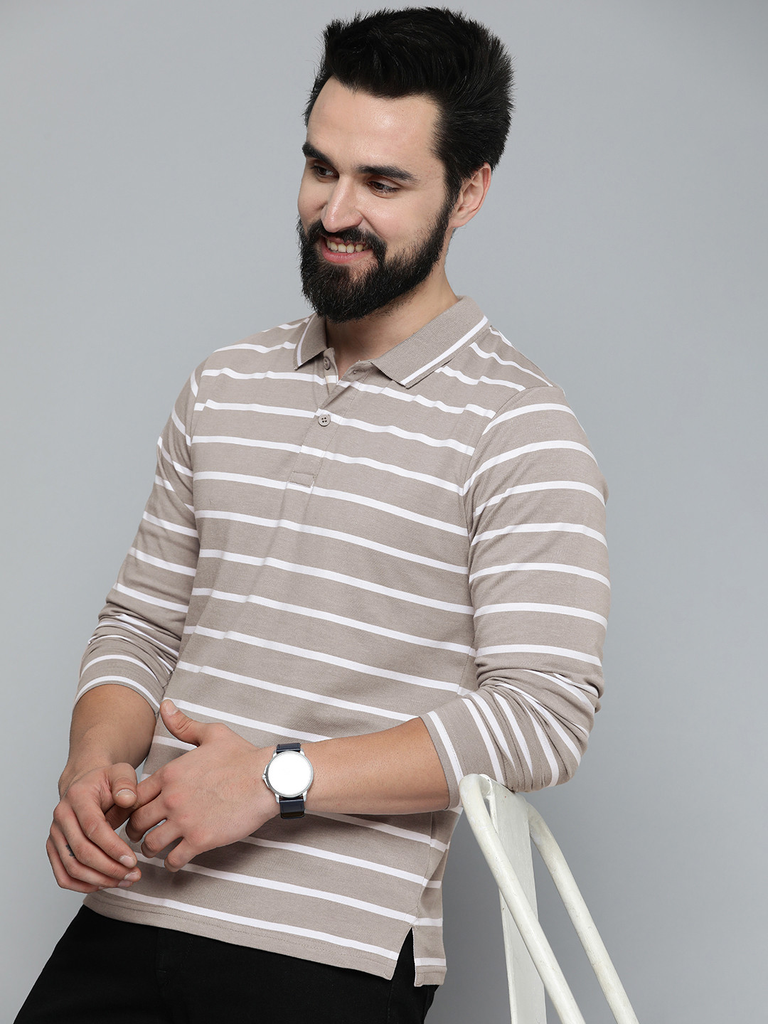 

HERE&NOW Men Striped Long Sleeves Polo Collar Casual T-shirt, Grey
