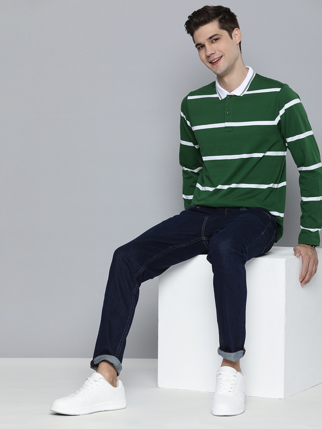 

HERE&NOW Men Striped Polo Collar T-shirt, Green