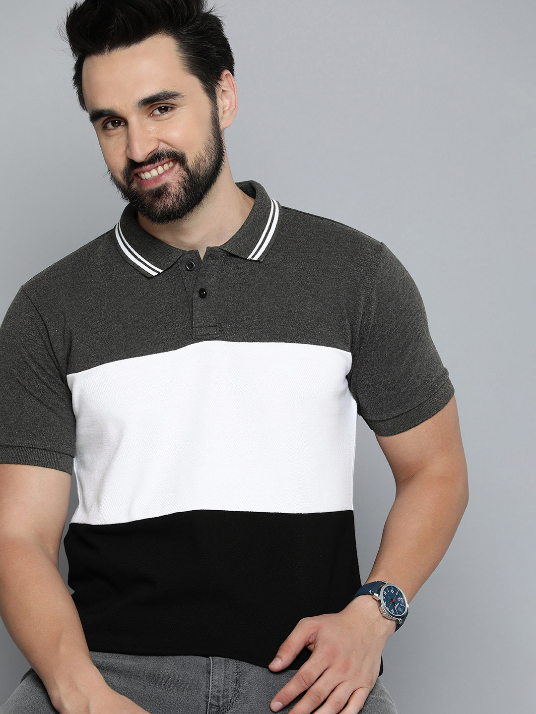 

HERE&NOW Men Colourblocked Polo Collar Pure Cotton T-shirt, Black