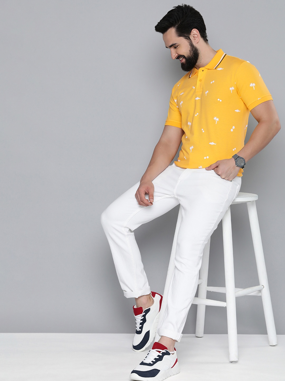 

HERE&NOW Nautical Printed Polo Collar Pure Cotton T-shirt, Yellow