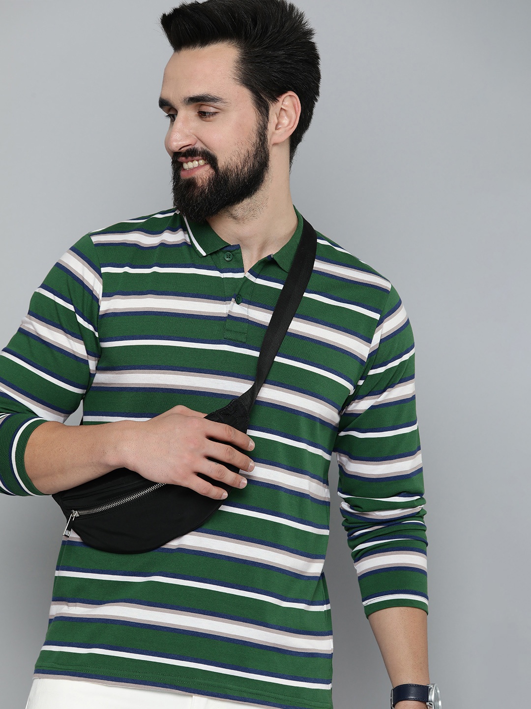 

HERE&NOW Men Striped Long Sleeves Polo Collar Casual T-shirt, Green