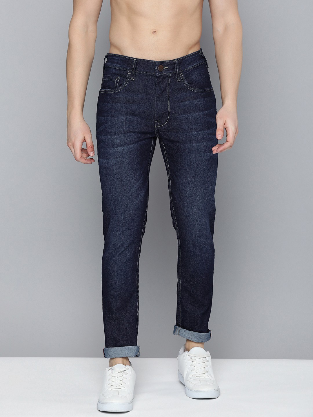 

HERE&NOW Men Solid Skinny Fit Mid-Rise Light Fade Stretchable Jeans, Blue
