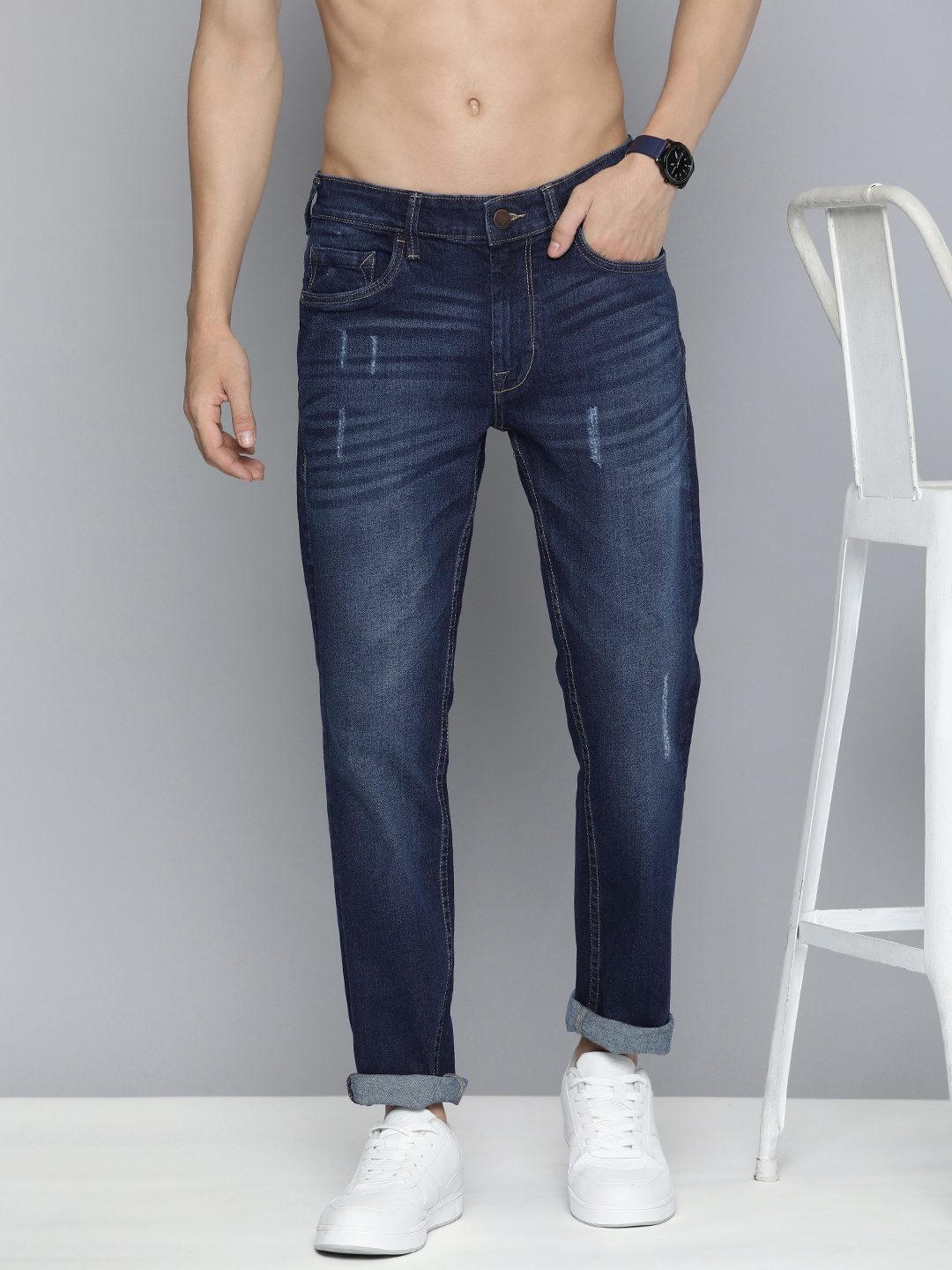 

HERE&NOW Men Slim Fit Low Distress Light Fade Stretchable Jeans, Blue