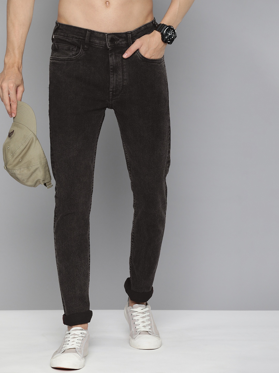 

HERE&NOW Men Skinny Fit Light Fade Stretchable Mid-Rise Jeans, Black