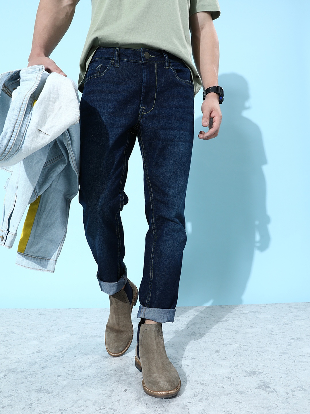 

HERE&NOW Men Slim Fit Mid-Rise Light Fade Stretchable Jeans, Blue