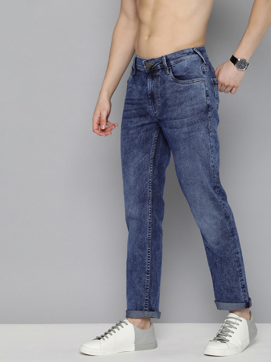 

HERE&NOW Men Mid Rise Slim Fit Heavy Fade Acid Wash Stretchable Jeans, Blue