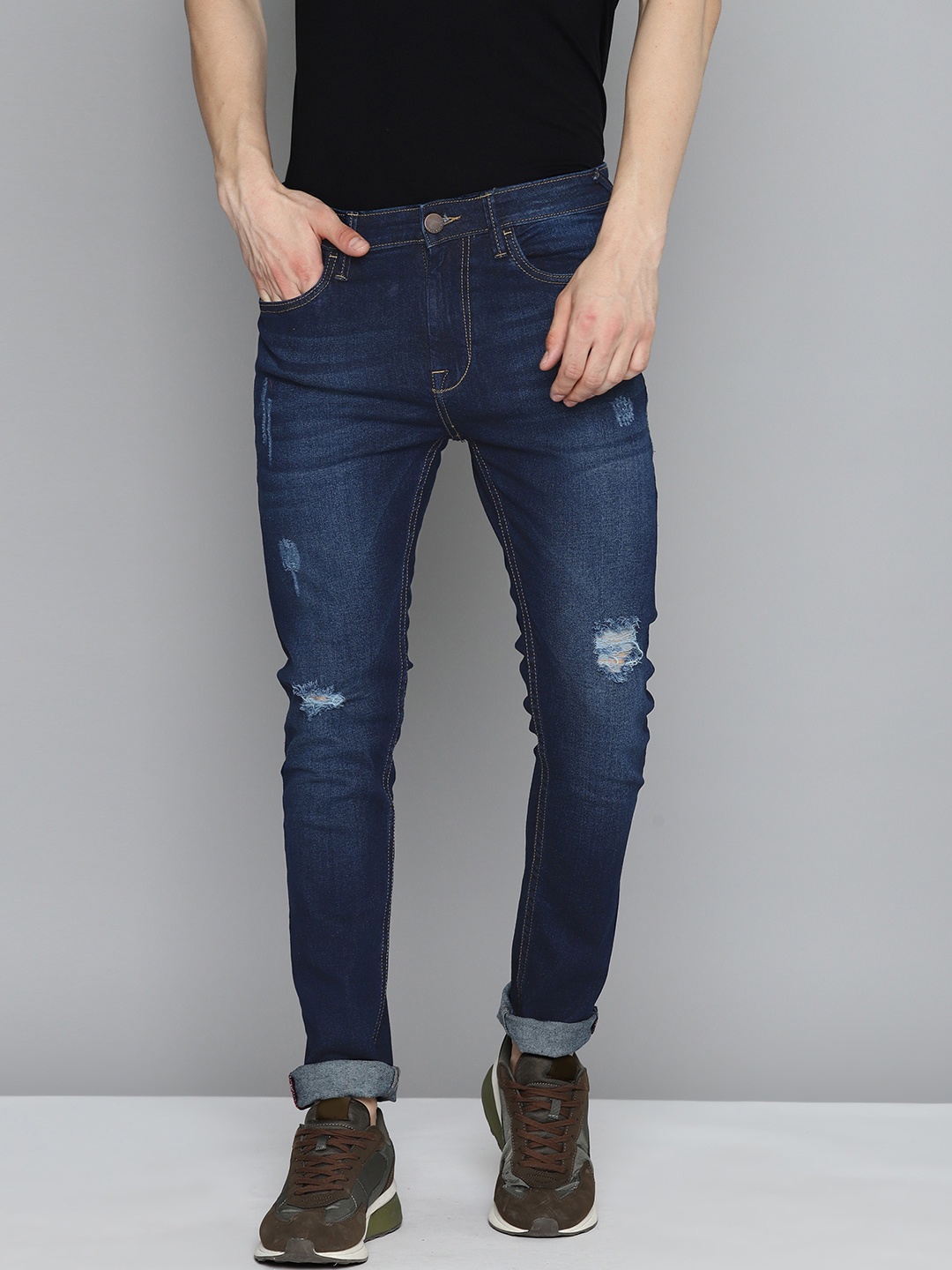 

HERE&NOW Men Skinny Fit Mildly Distressed Light Fade Stretchable Jeans, Navy blue