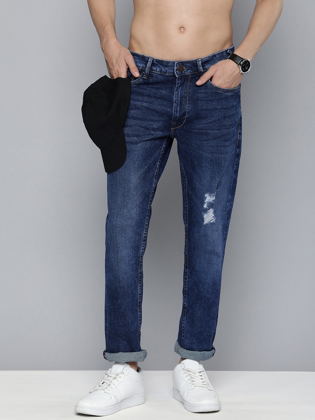 

HERE&NOW Men Slim Fit Mildly Distressed Heavy Fade Stretchable Jeans, Blue