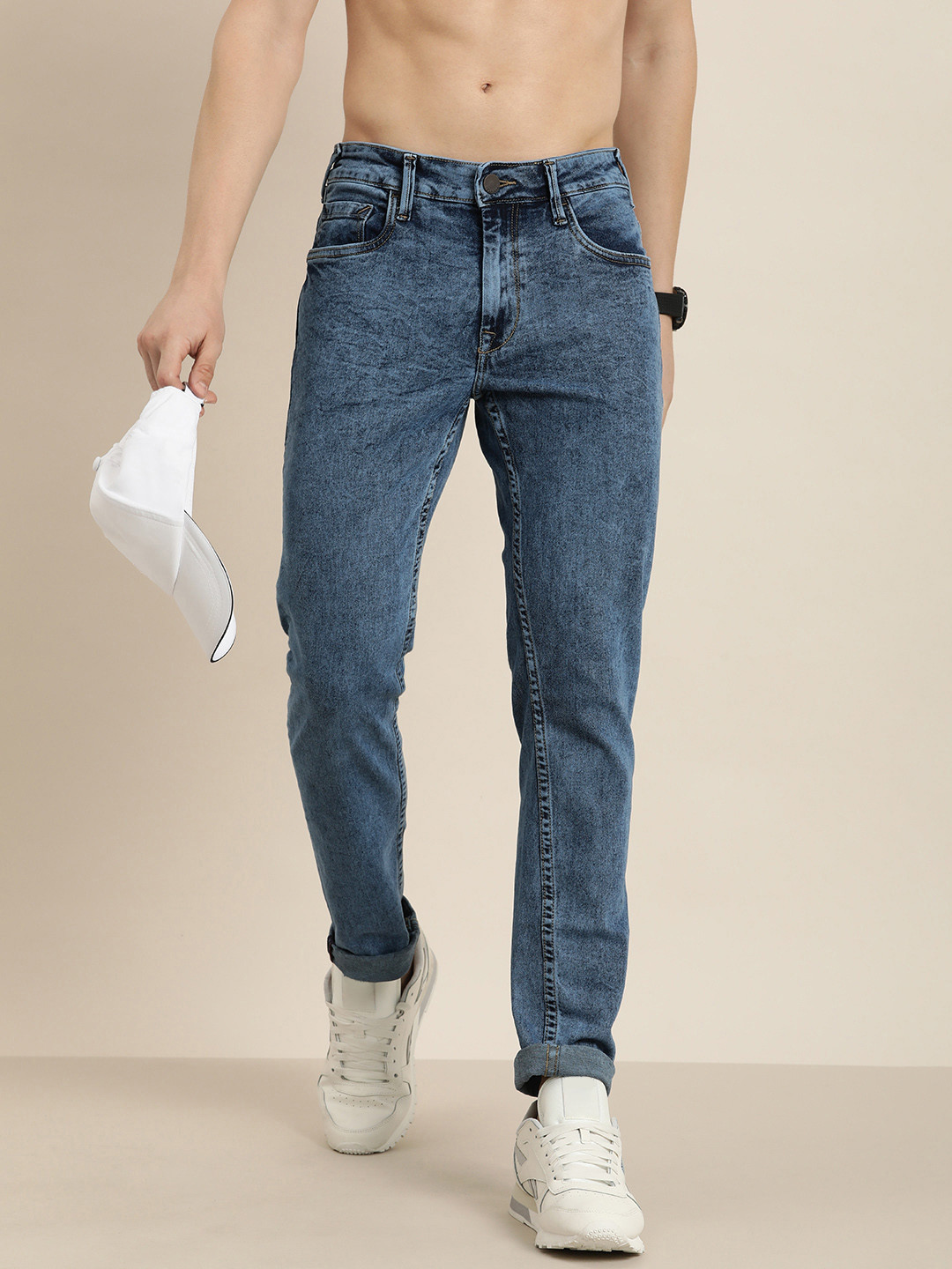 

HERE&NOW Men Slim Fit Heavy Fade Stretchable Jeans, Blue