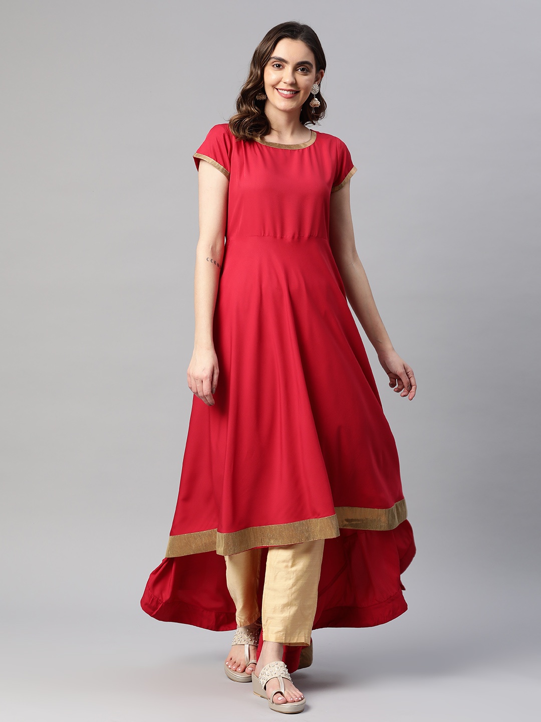 

MBE Women Asymmetric Crepe Anarkali Kurta, Red