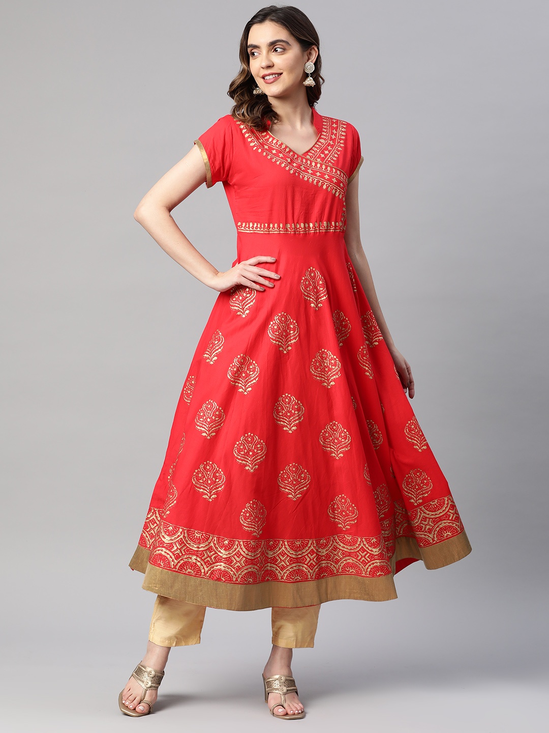 

MBE Women Ethnic Motifs Block Print Pure Cotton Anarkali Kurta, Red