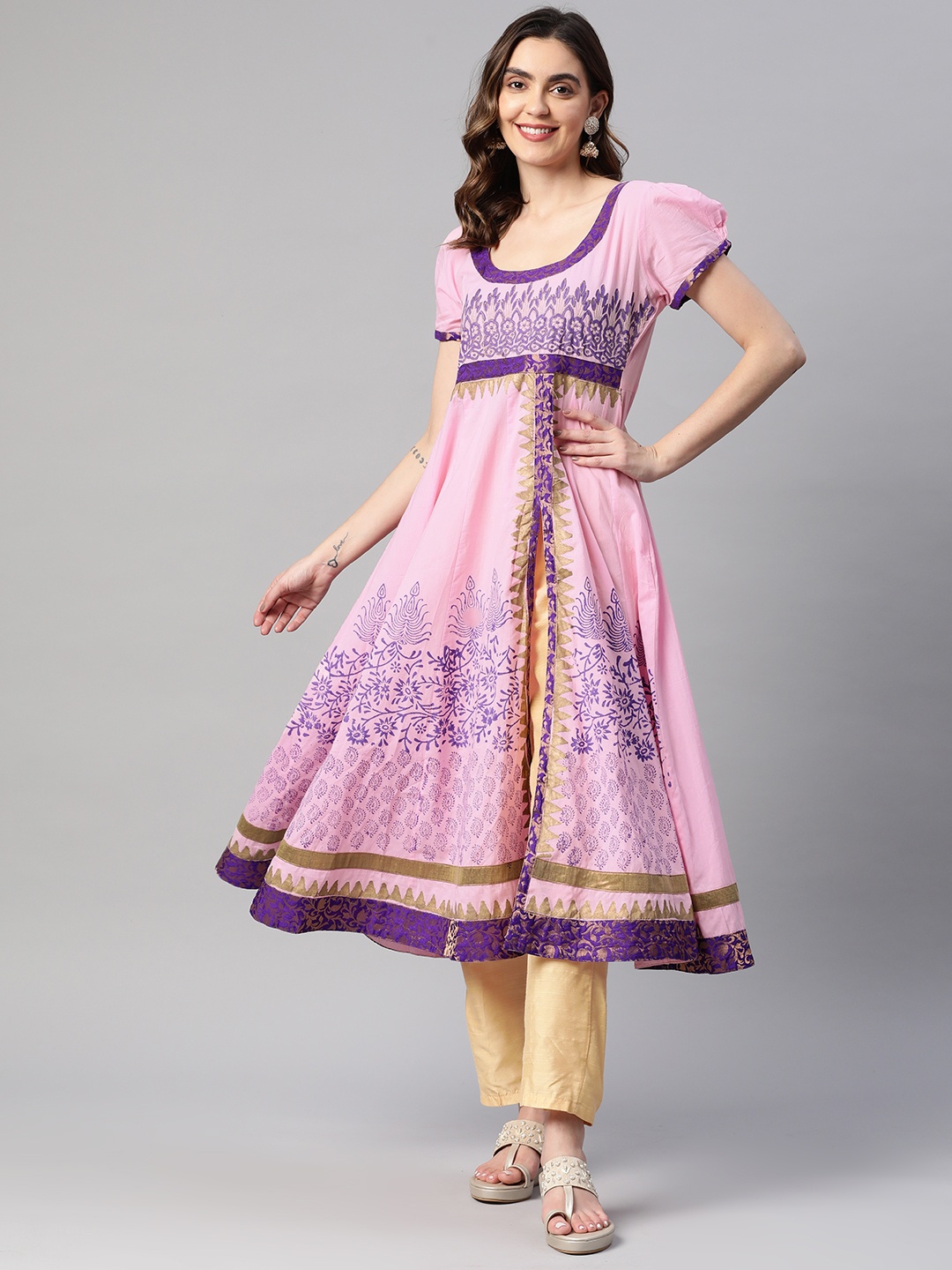 

MBE Women Floral Block Print Puff Sleeves Pure Cotton Anarkali Kurta, Pink