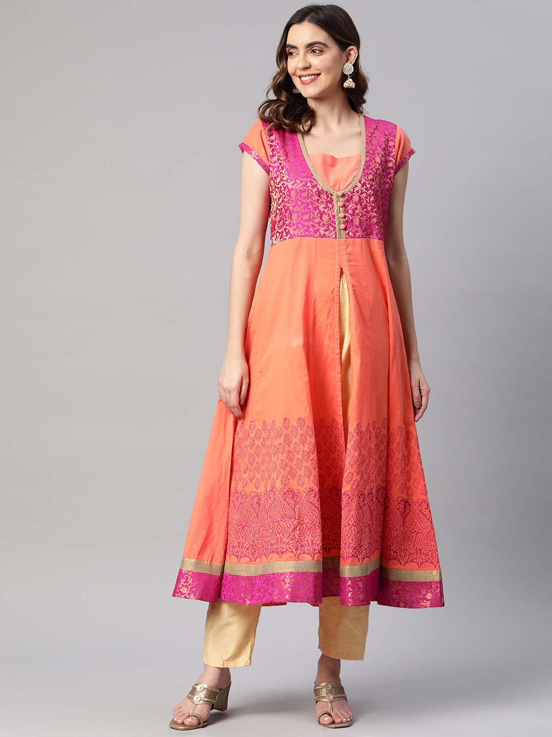 

MBE Women Ethnic Motifs Printed Block Print Pure Cotton Anarkali Kurta, Peach