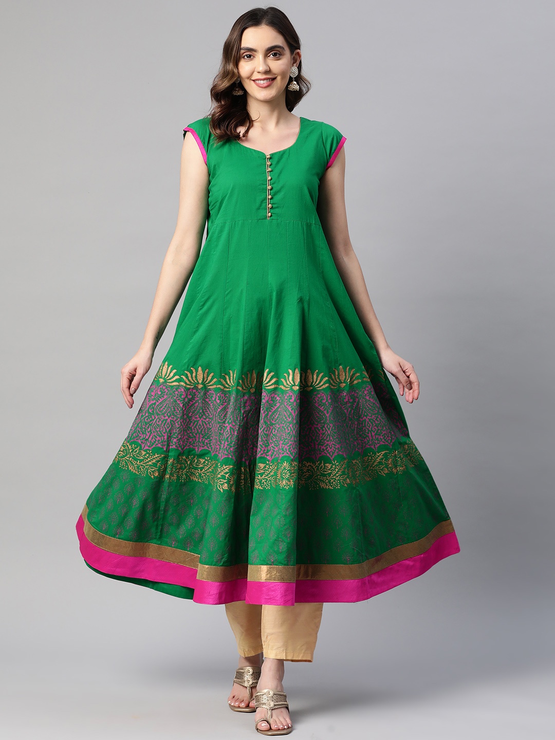 

MBE Women Ethnic Motifs Block Print Sweetheart Neck Pure Cotton Anarkali Kurta, Green