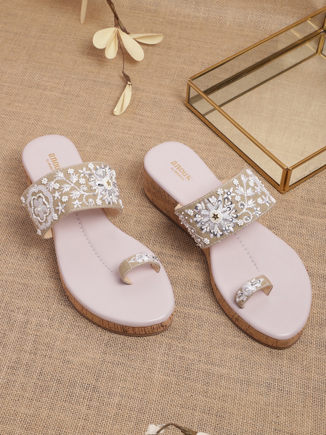 

Anouk Embroidered & Beads Embellished Wedges, Khaki