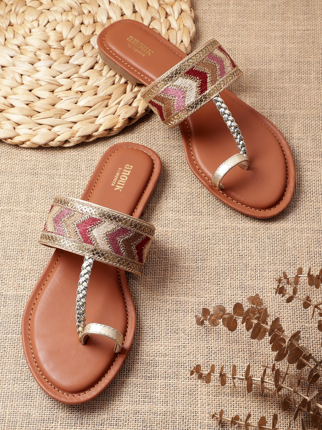 

Anouk Women Woven Design Ethnic One Toe Flats with Embellished Detail, Gold