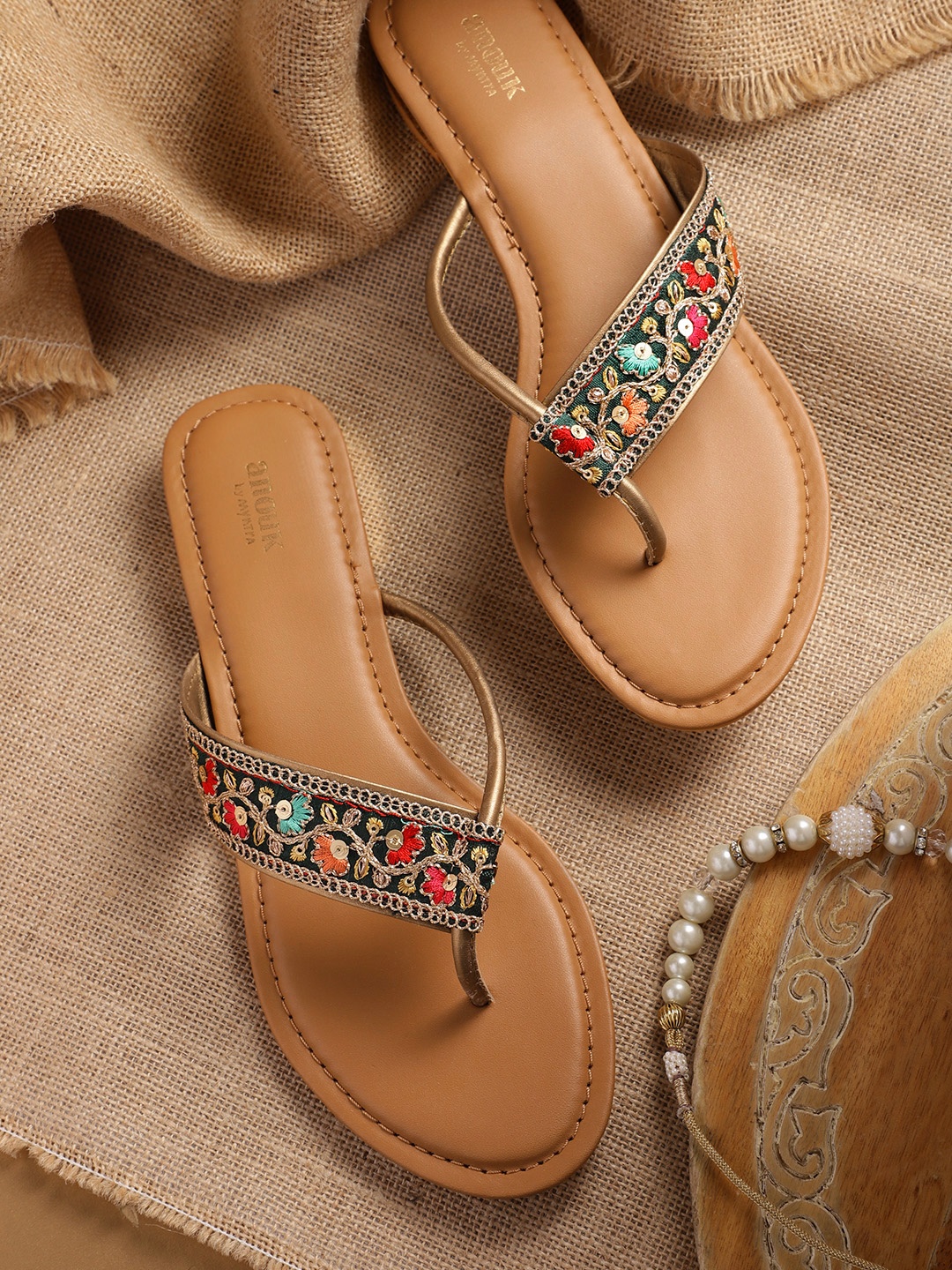 

Anouk Women Embroidered & Sequin Embellished T-Strap Flats, Green