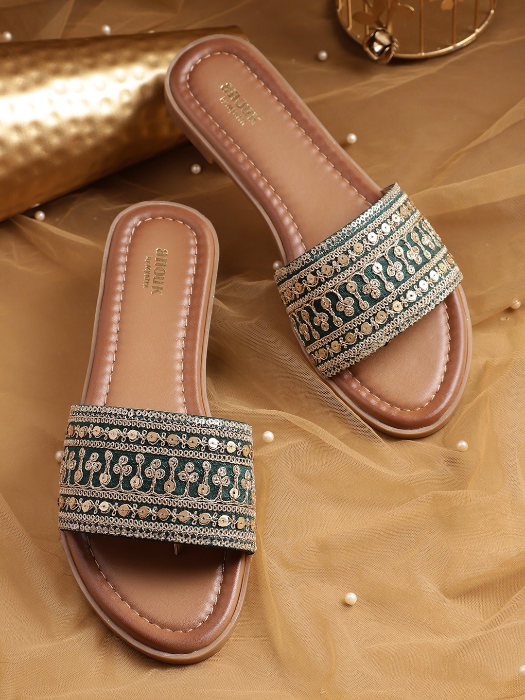 

Anouk Women Sequined Embellished Open Toe Flats, Green