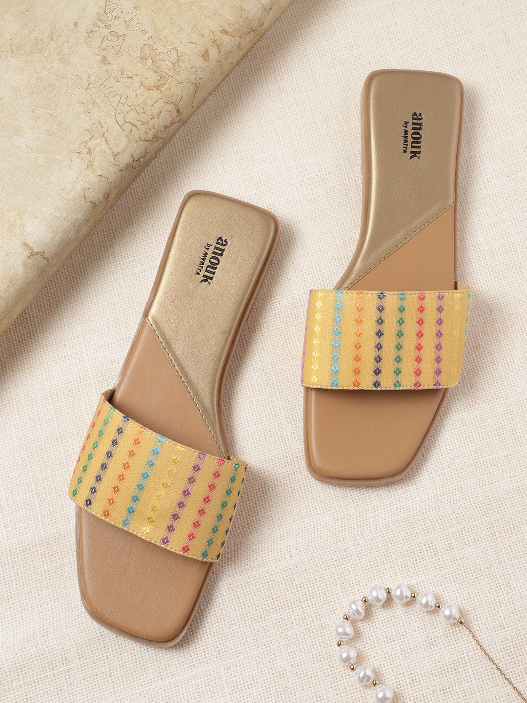 

Anouk Women Woven Design Open Toe Flats, Gold