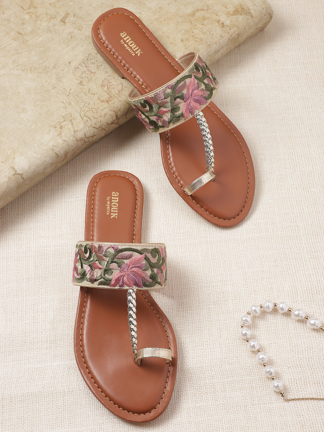 

Anouk Women Floral Woven Design Ethnic One Toe Flats, Beige