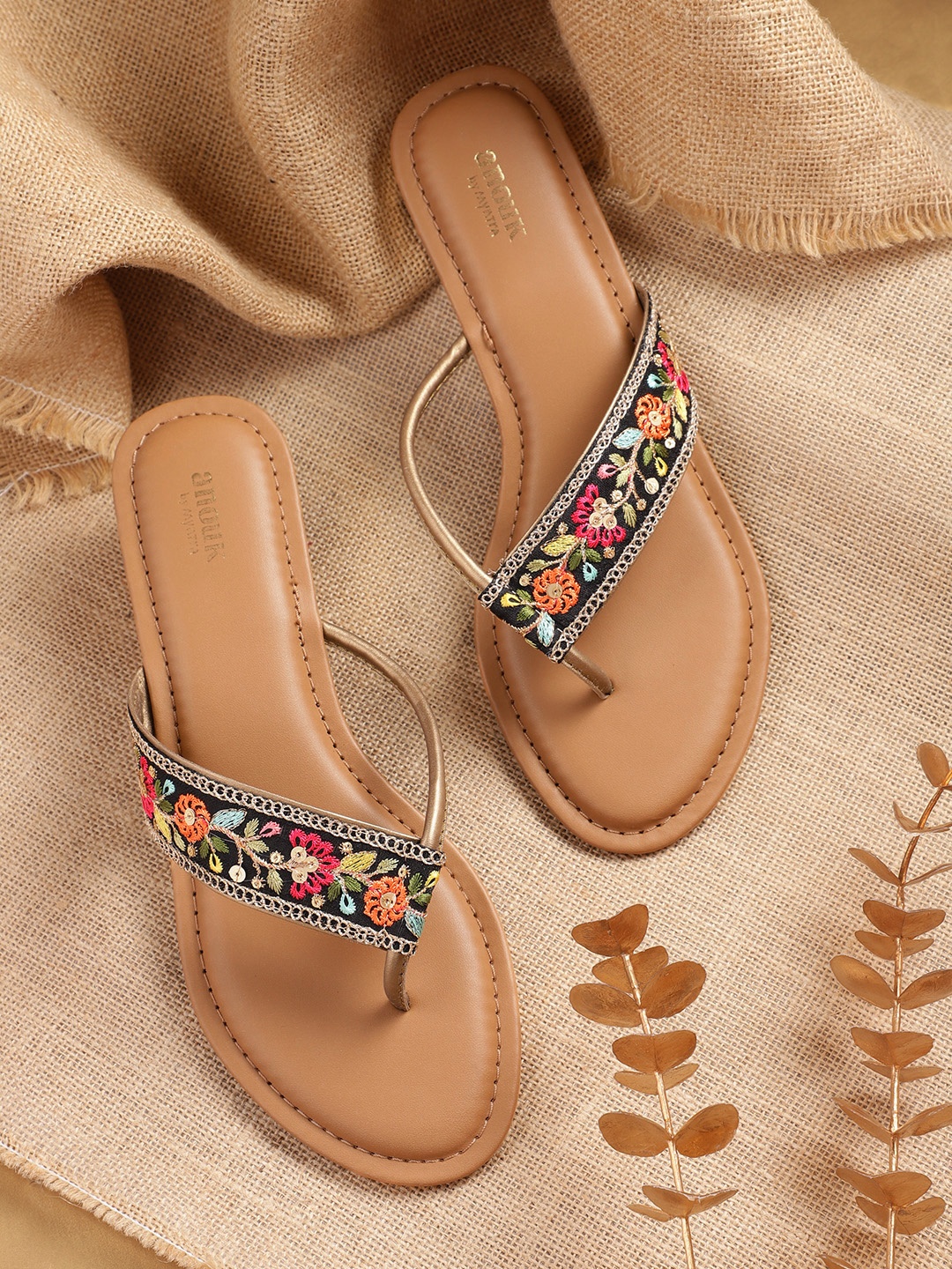

Anouk Women Embellished & Woven Design T-Strap Flats, Multi