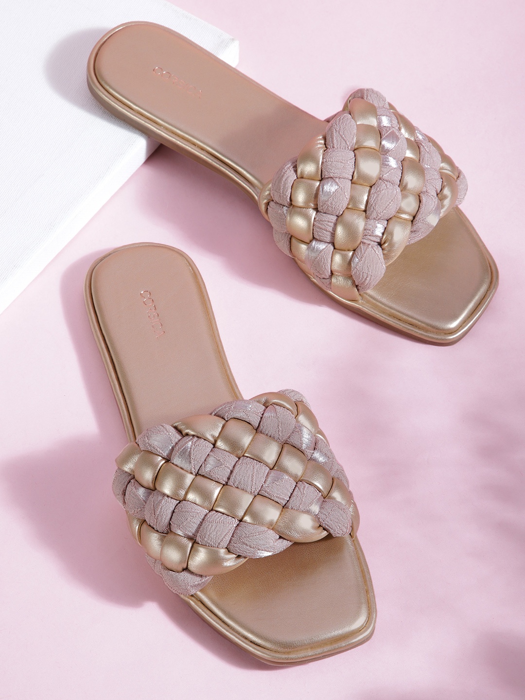 

CORSICA Women Basketweave Open Toe Flats, Rose gold