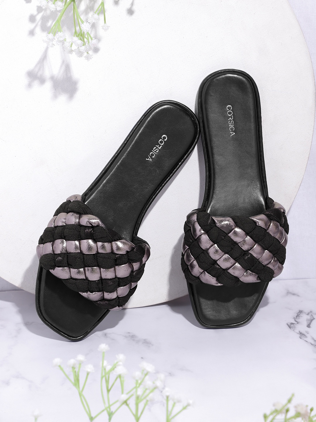 

CORSICA Women Woven Design Open Toe Flats, Black