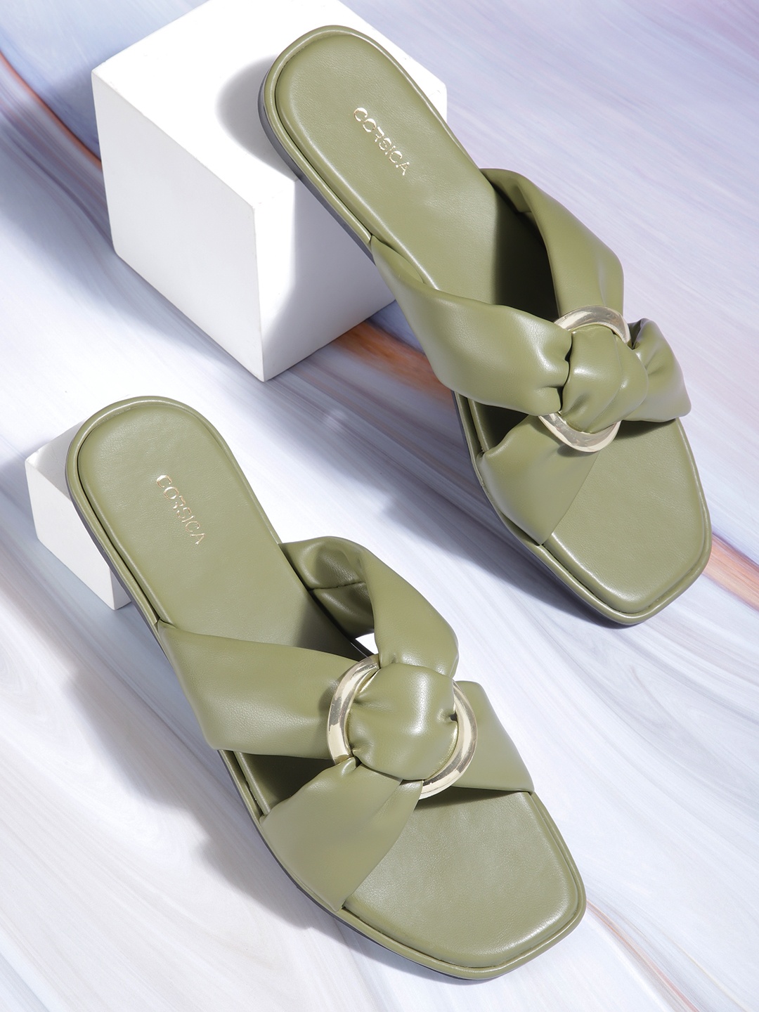 

CORSICA Women Metallic Detail Open Toe Flats, Olive