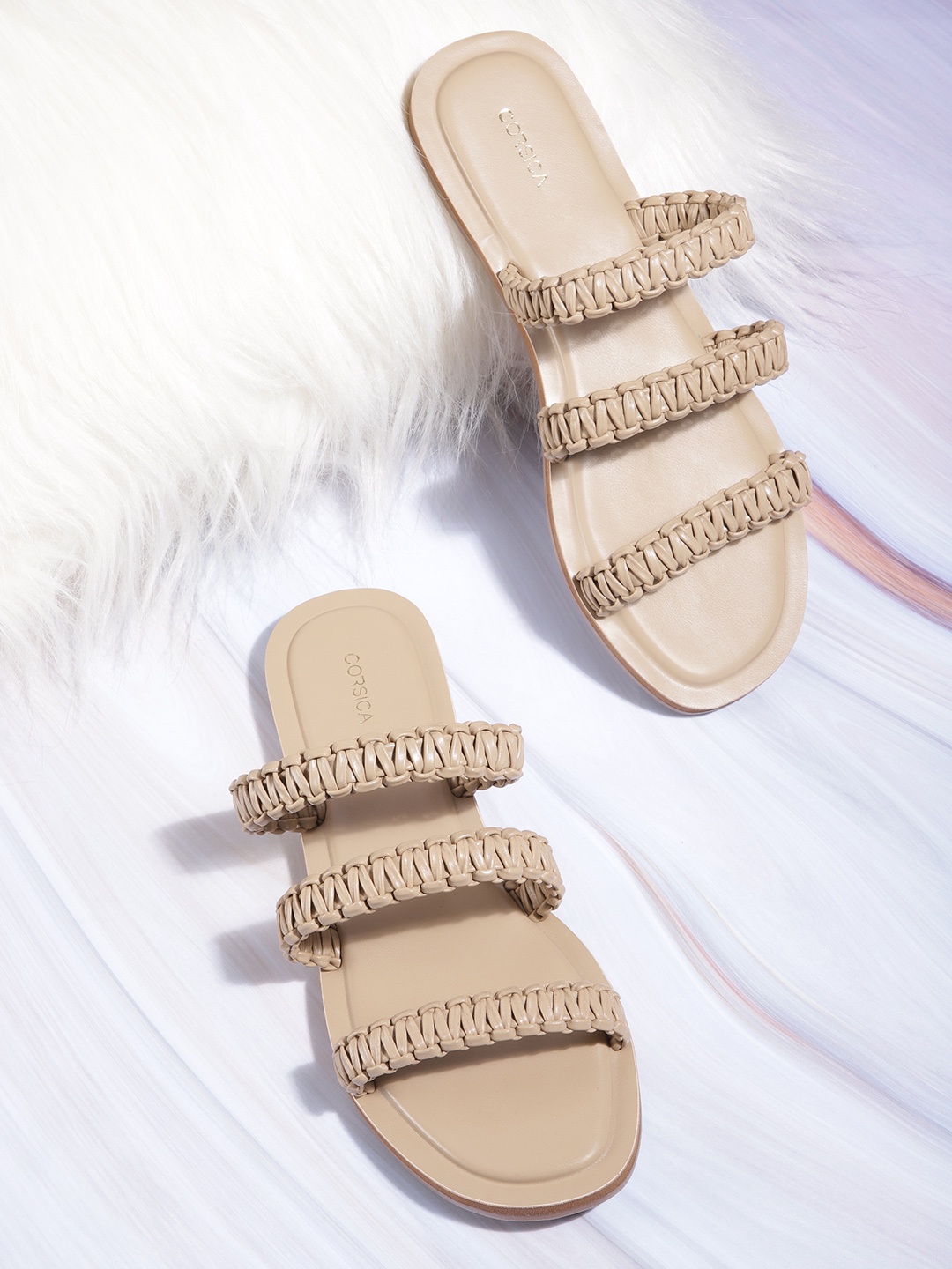 

CORSICA Women Woven Design Open Toe Flats, Beige