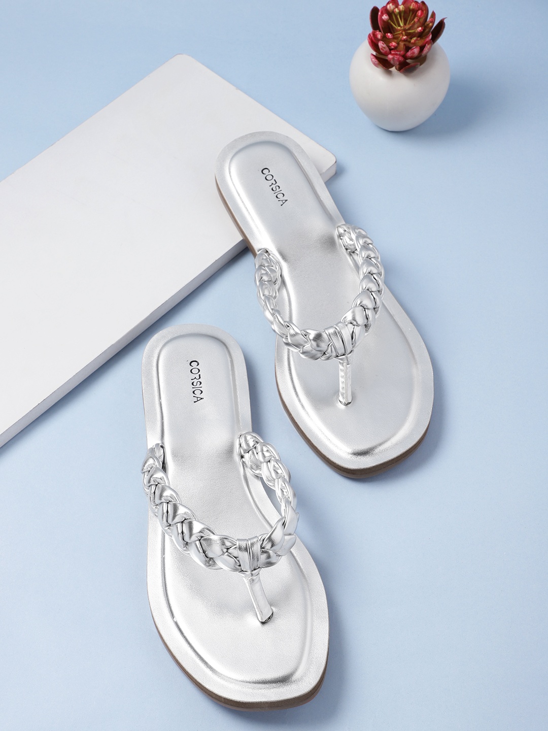 

CORSICA Women Woven Design Open Toe Flats, Silver