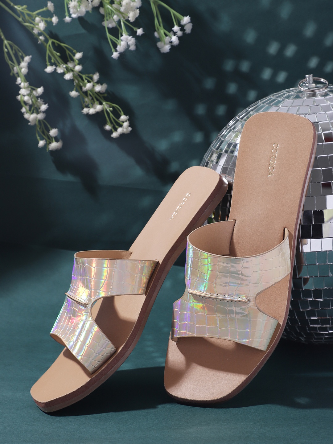 

CORSICA Women Croc Textured Open Toe Flats with Iridescent Effect, Gold