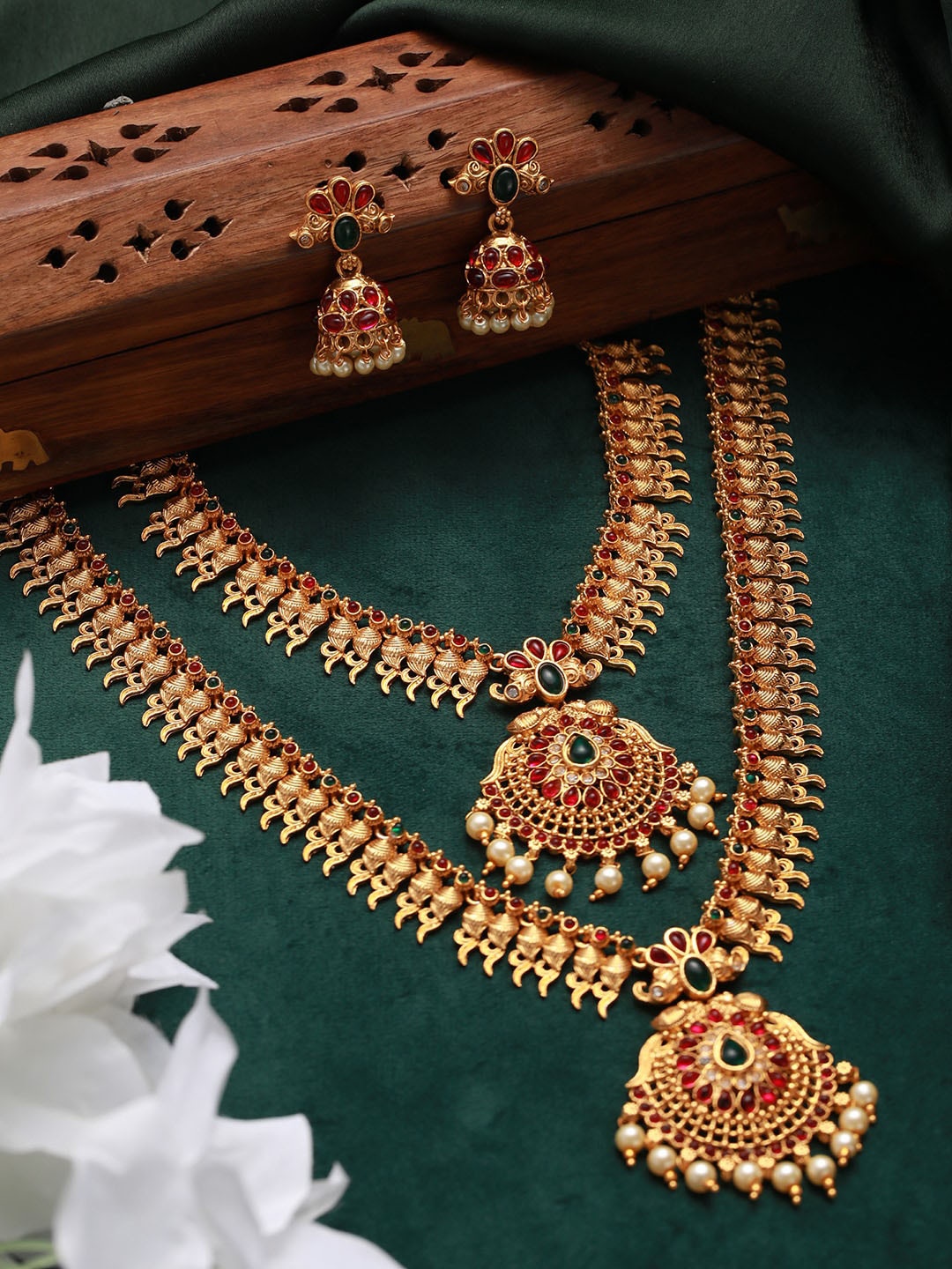 

Jazz and Sizzle Set Of 2 Gold-Plated Stone-Studded & Pearl Beaded Temple Jewellery Set, Red