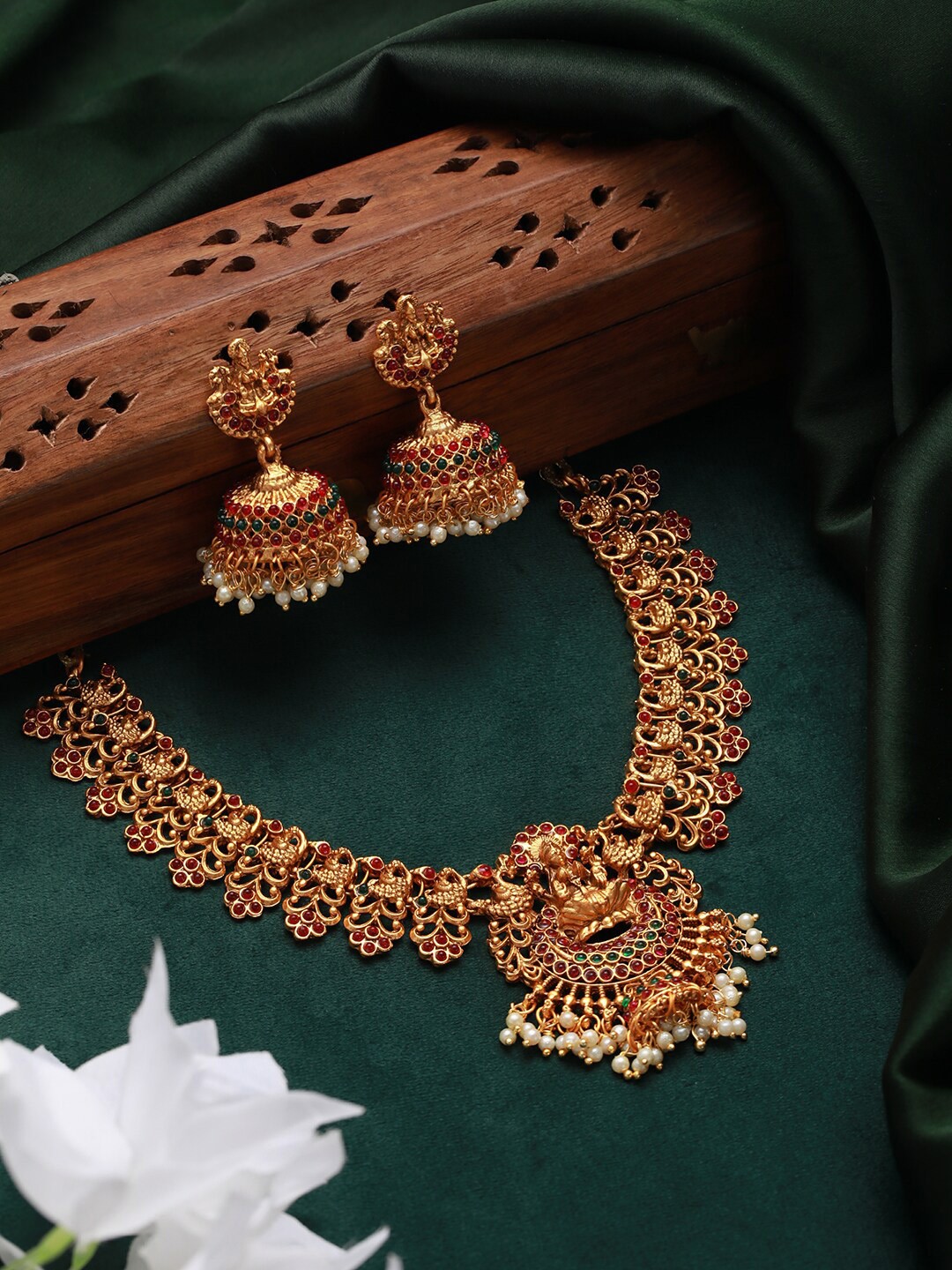 

Jazz and Sizzle Gold-Plated Stone-Studded & Pearl Beaded Jewellery Set, Red