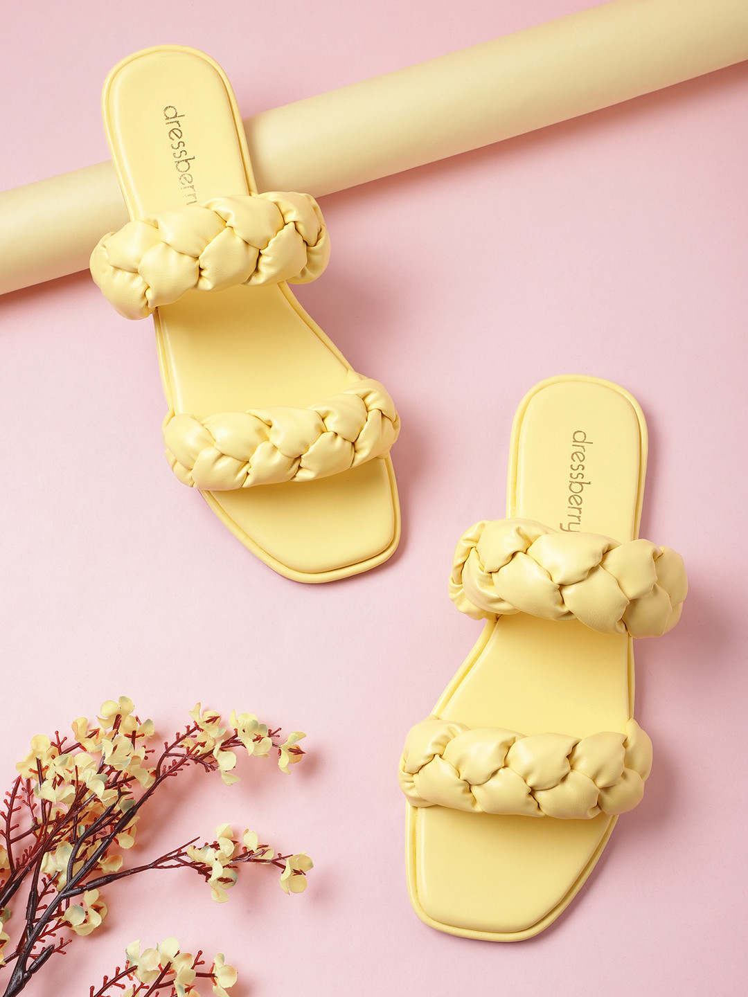 

DressBerry Women Braided Straps Open Toe Flats, Yellow