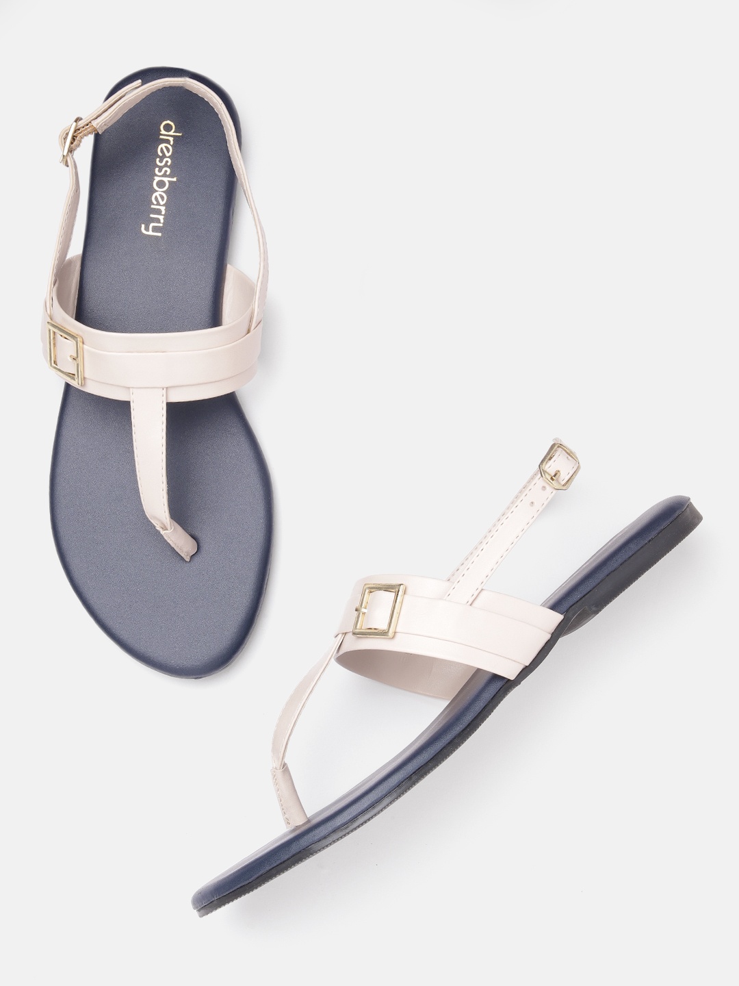 

DressBerry Women Solid T-Strap Flats with Buckle Detail, Off white