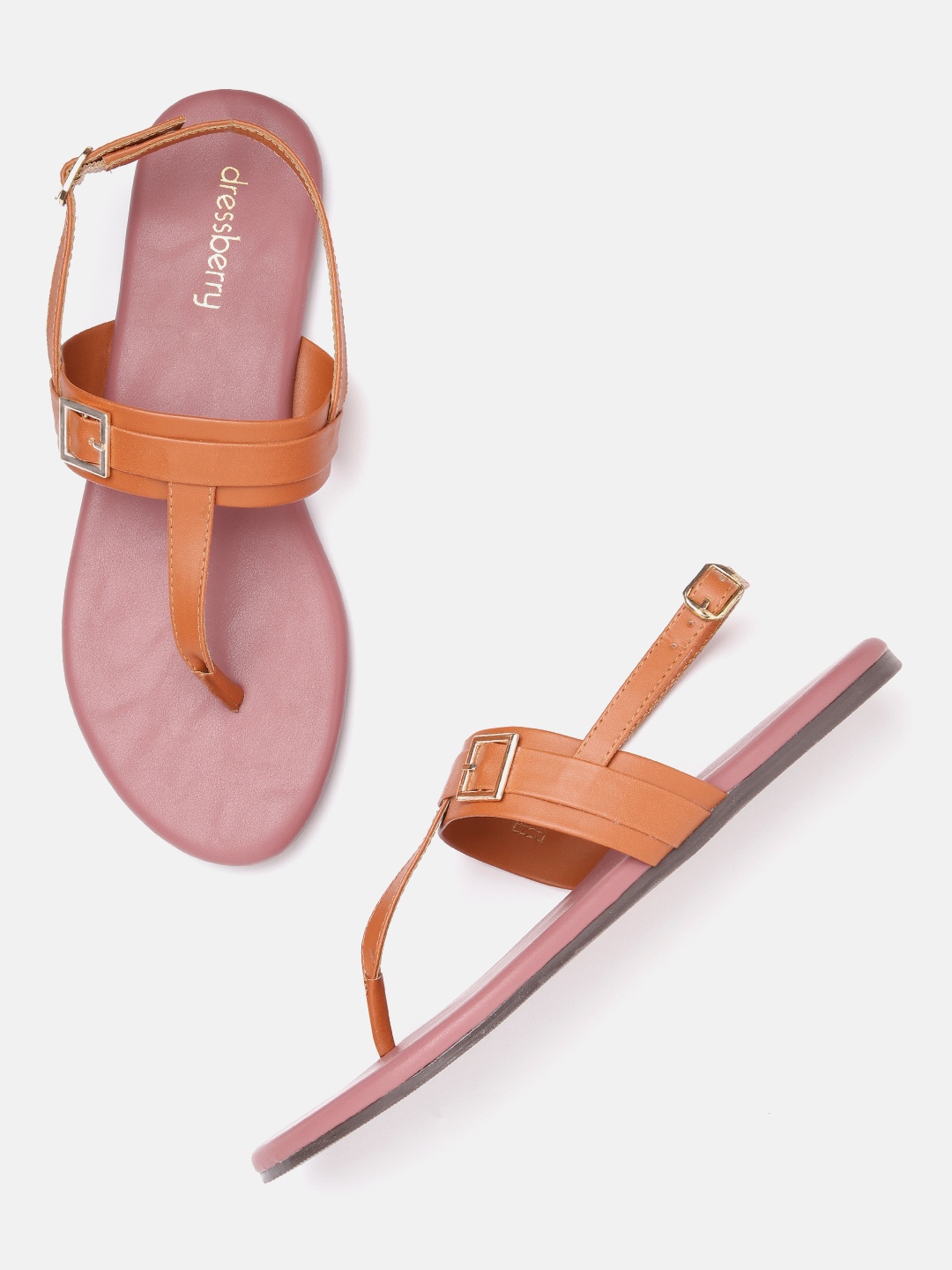 

DressBerry Women Solid T-Strap Flats with Buckle Detail, Tan