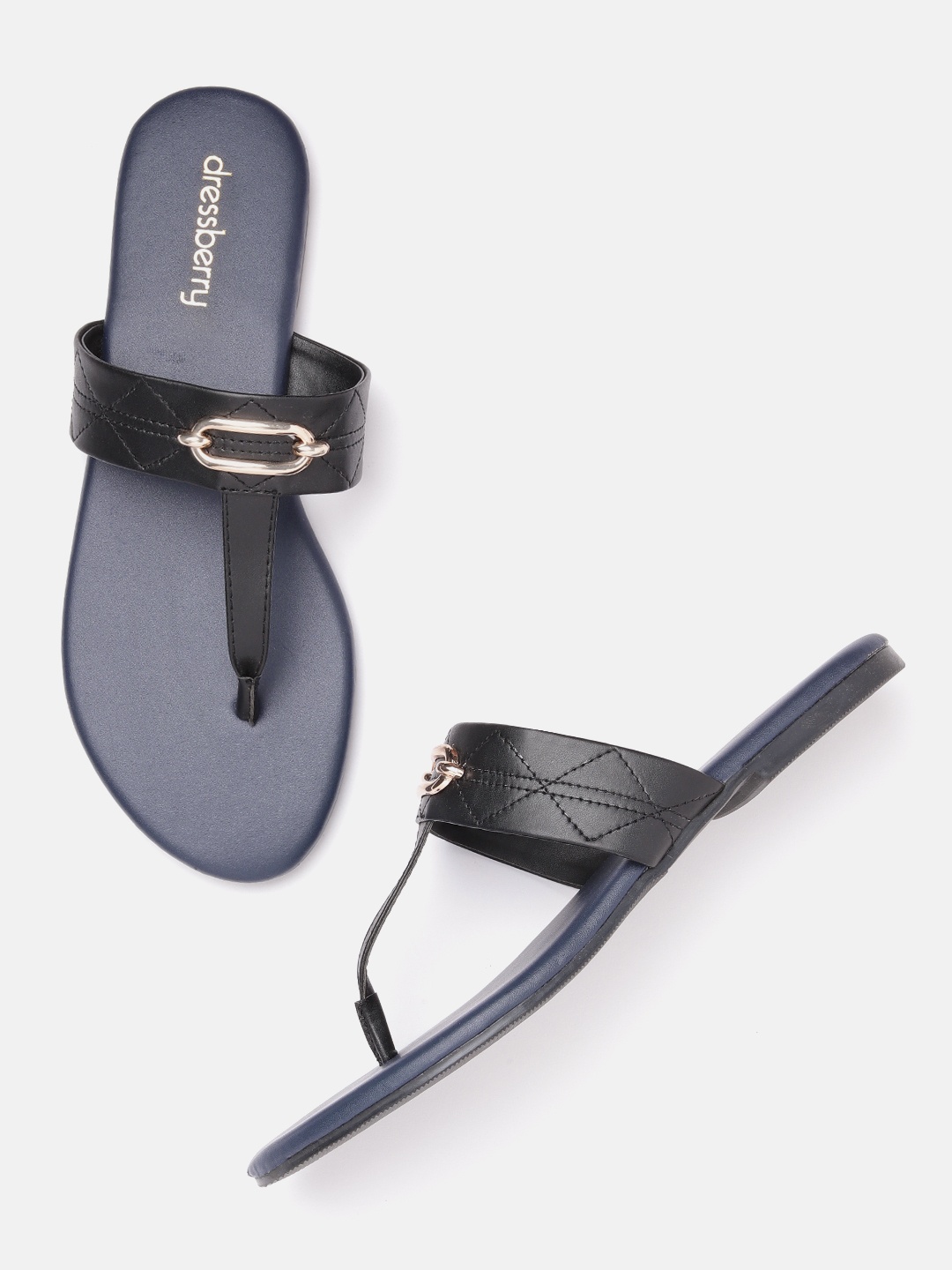 

DressBerry Women Textured T-Strap Flats with Embellished Detail, Navy blue
