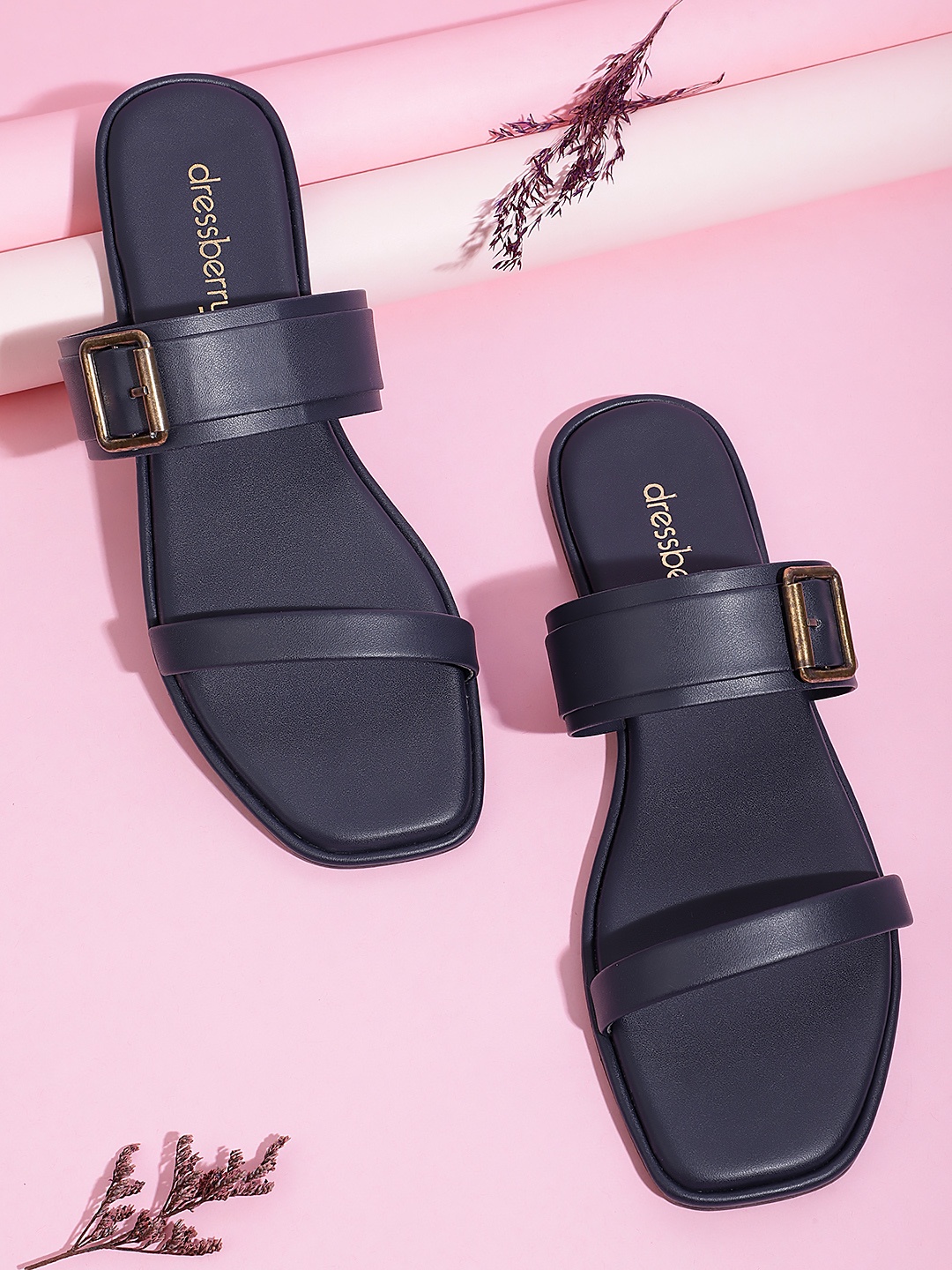 

DressBerry Women Buckle Detail Open Toe Flats, Navy blue