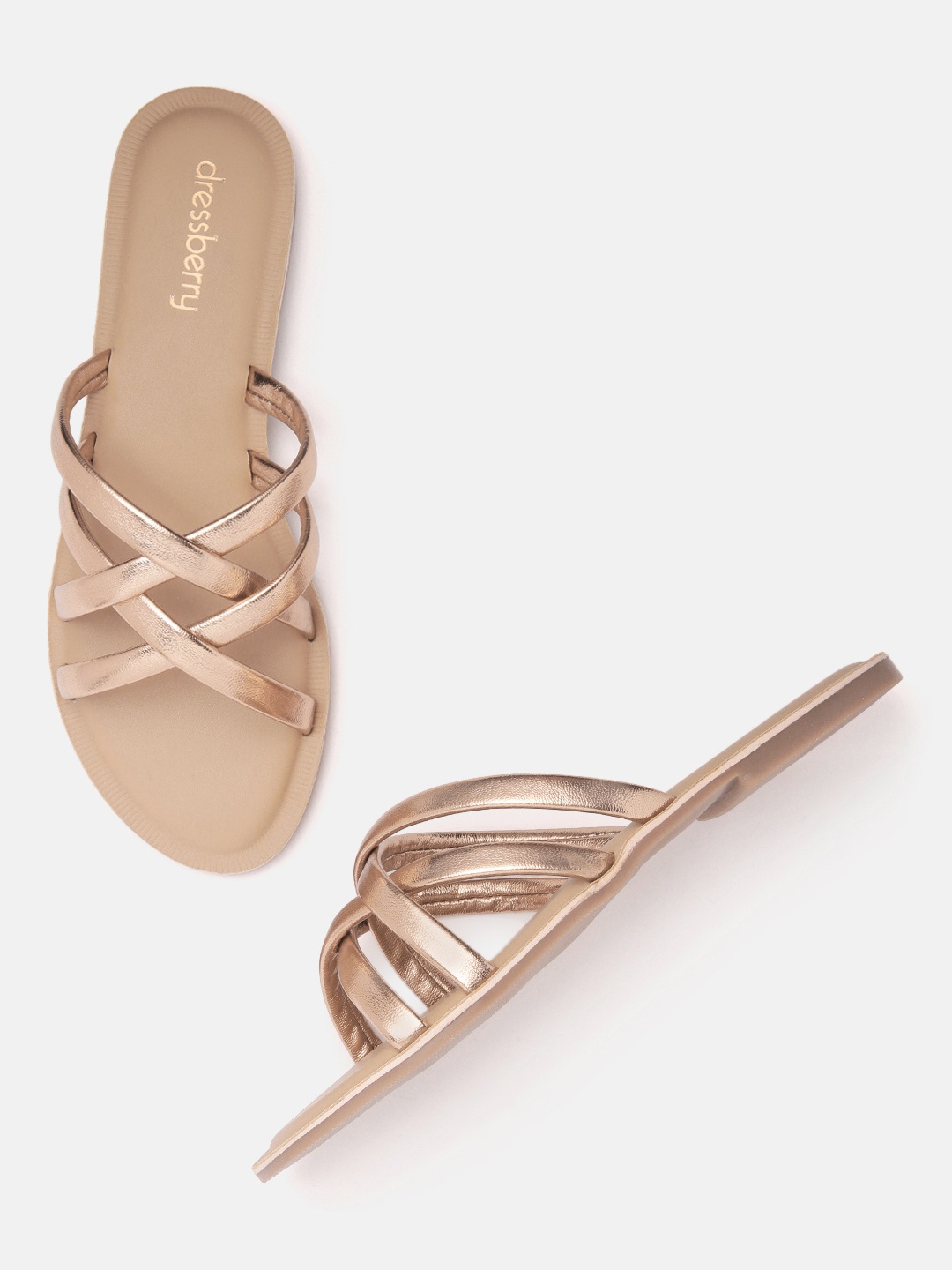 

DressBerry Women Strappy Open Toe Flats, Rose gold