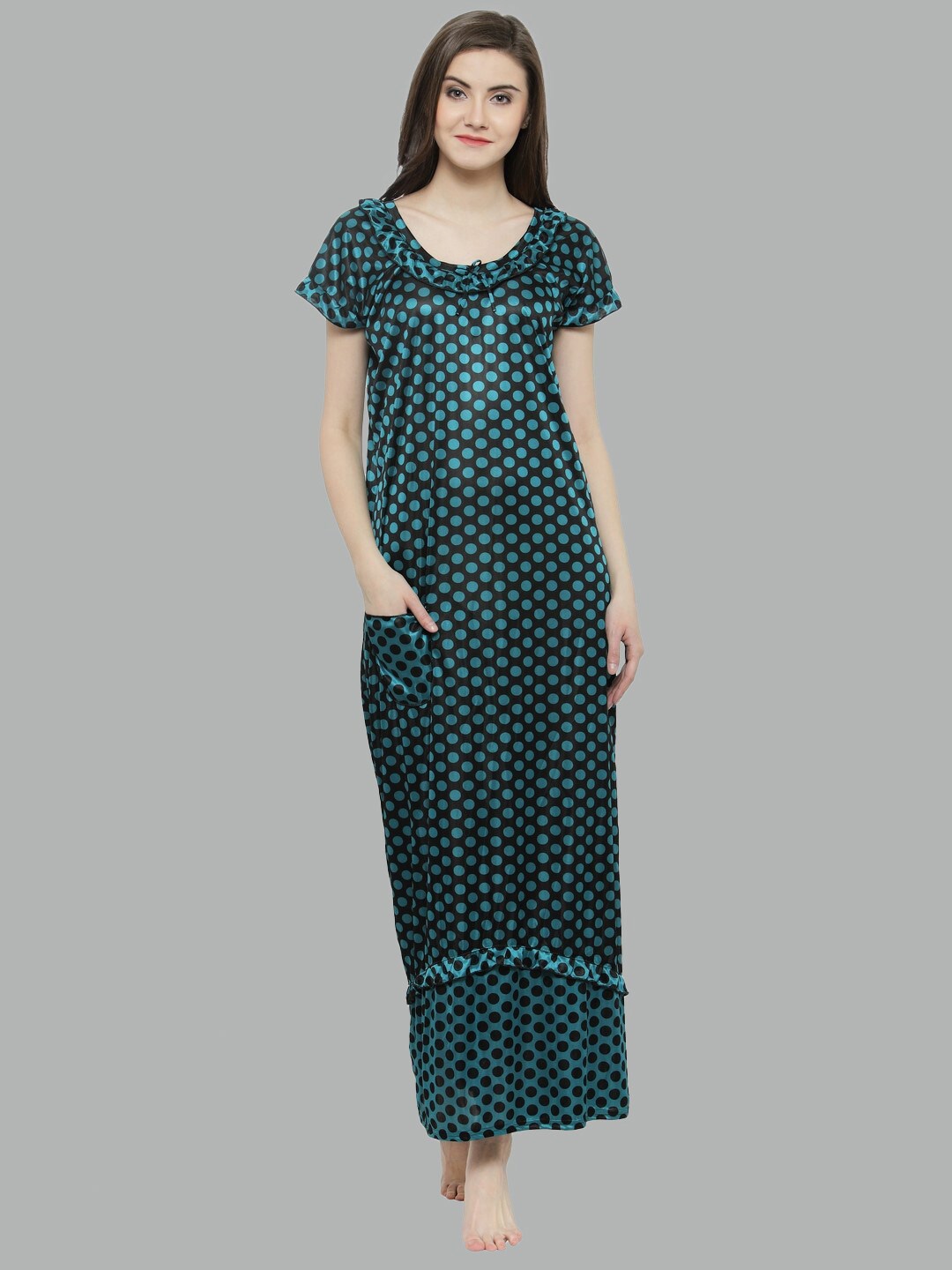 

N-Gal Polka Dot Printed Satin Maxi Nightdress, Green