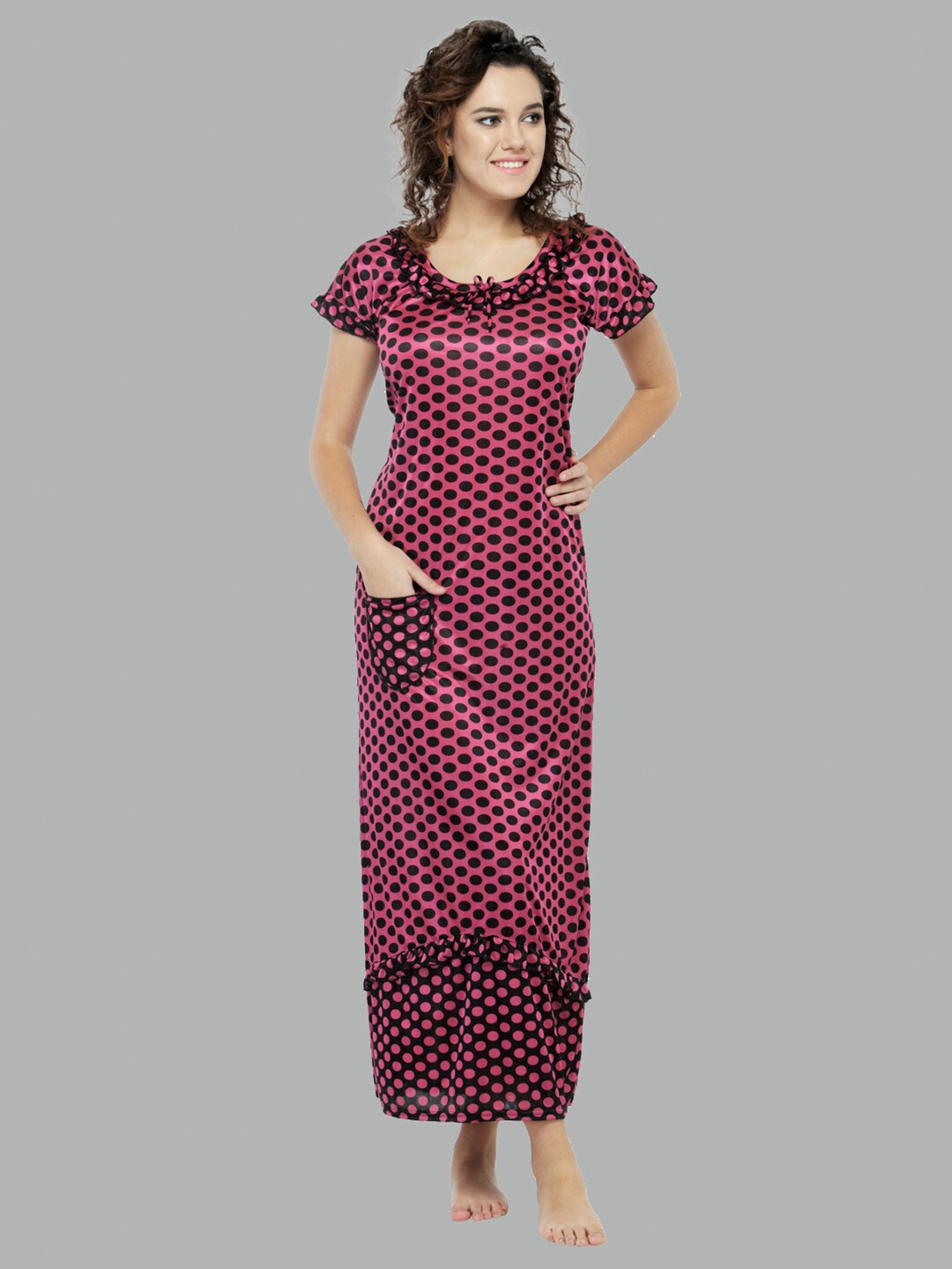 

N-Gal Polka Dot Printed Satin Maxi Nightdress, Pink