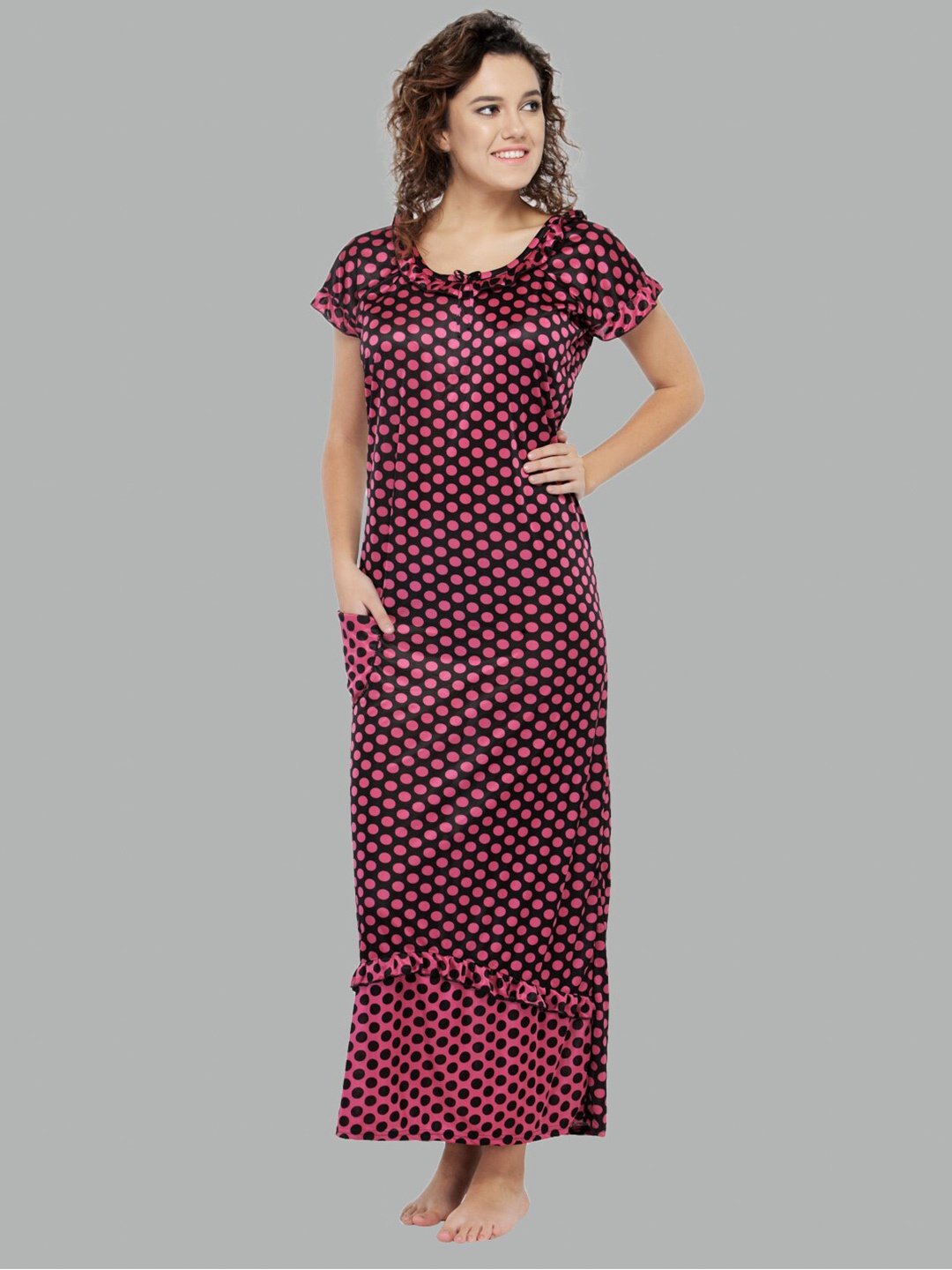 

N-Gal Polka Dot Printed Satin Maxi Nightdress, Maroon