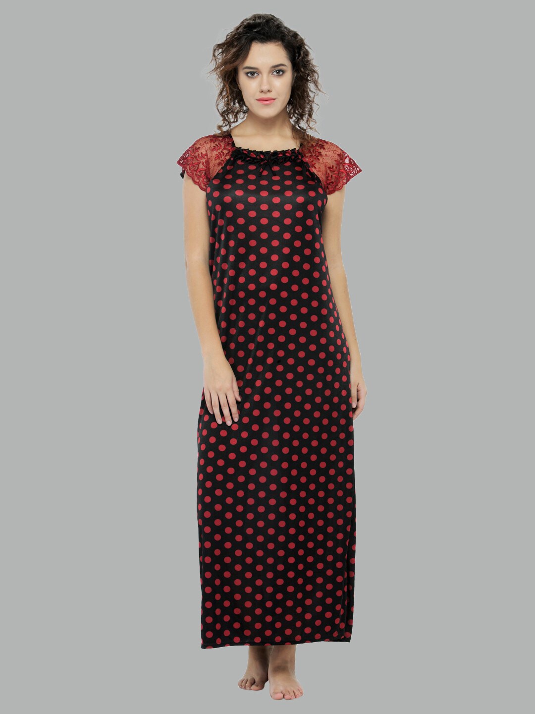 

N-Gal Polka Dot Printed Satin Maxi Nightdress, Maroon