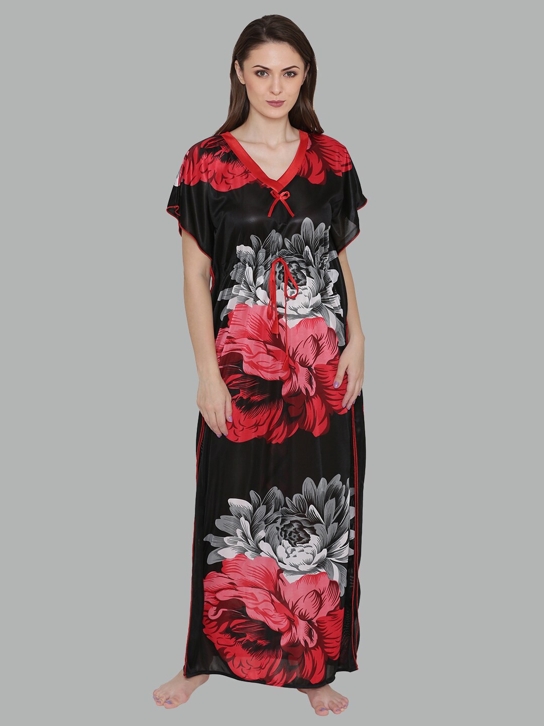 

N-Gal Floral Printed Satin Maxi Kaftan Nightdress, Red