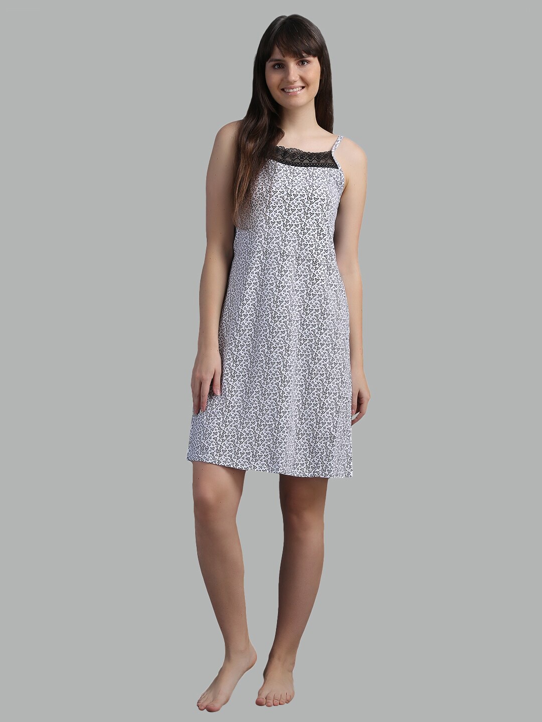 

N-Gal Printed Lace Trim Slip Tee Long Nightdress, White
