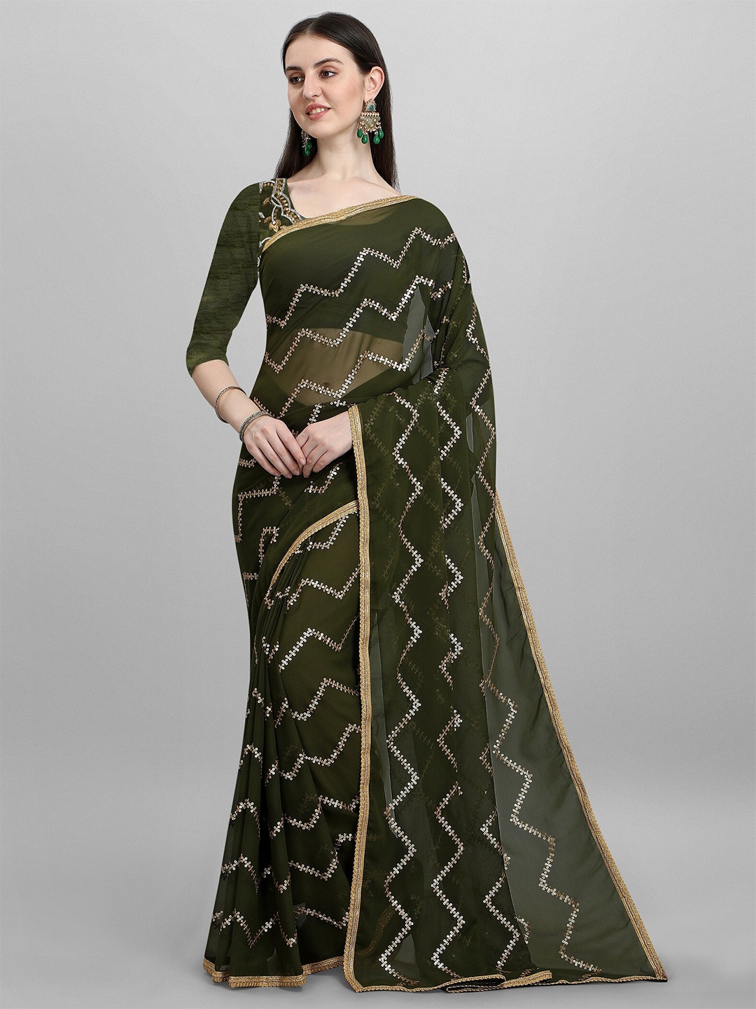 

Vrundavan ethics Embellished Sequinned Pure Georgette Saree, Olive