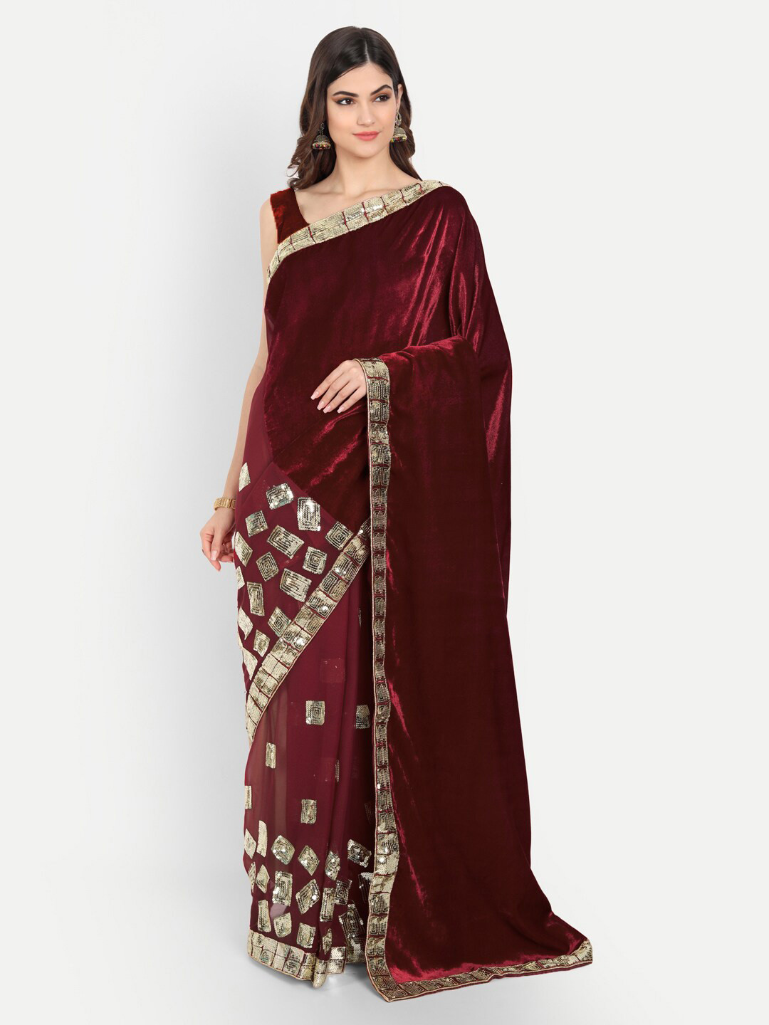 

Vrundavan ethics Embellished Sequinned Velvet Saree, Maroon