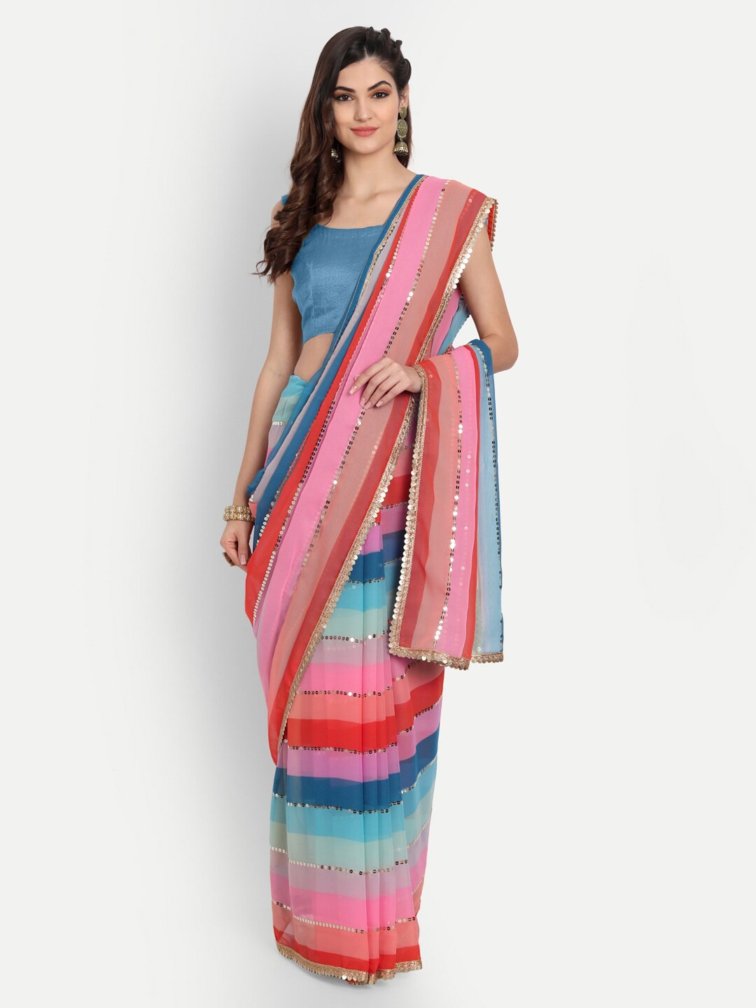 

Vrundavan ethics Embellished Sequinned Pure Georgette Saree, Blue